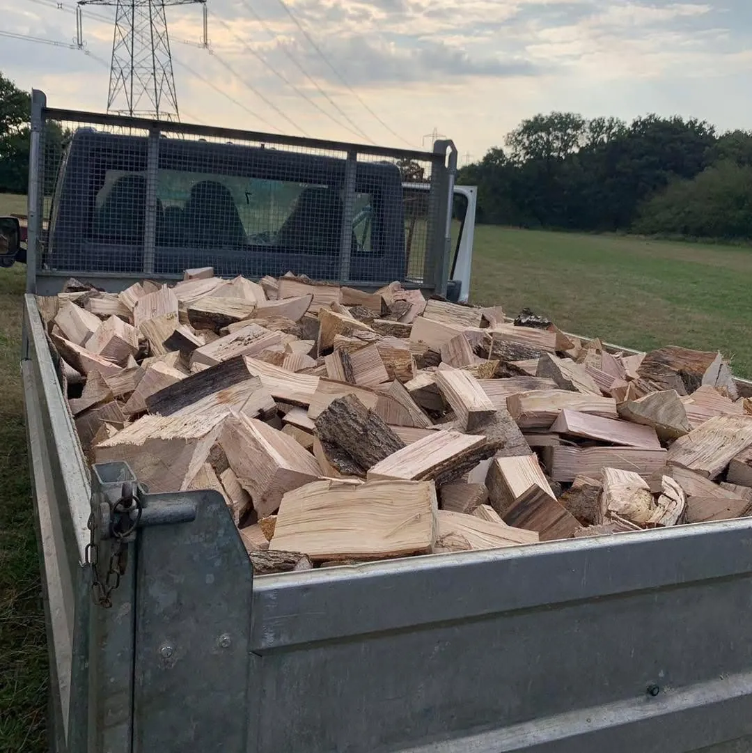 A truck bed full of split logs, parked beside an open field.